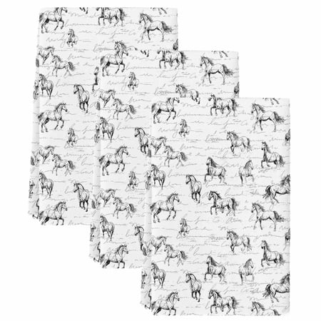Black Horse Kitchen Towels Set of 3 Absorbent Microfiber Dish Tea Towels with Hanging Loop Watercolor Vintage Animals Resuable Hand Towel for Home Kitchen Cooking Cleaning 18 x28