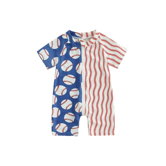 BemeyourBBs Boys Rash Guard Swimsuit Short Sleeve Zip Up Baseball Print Romper