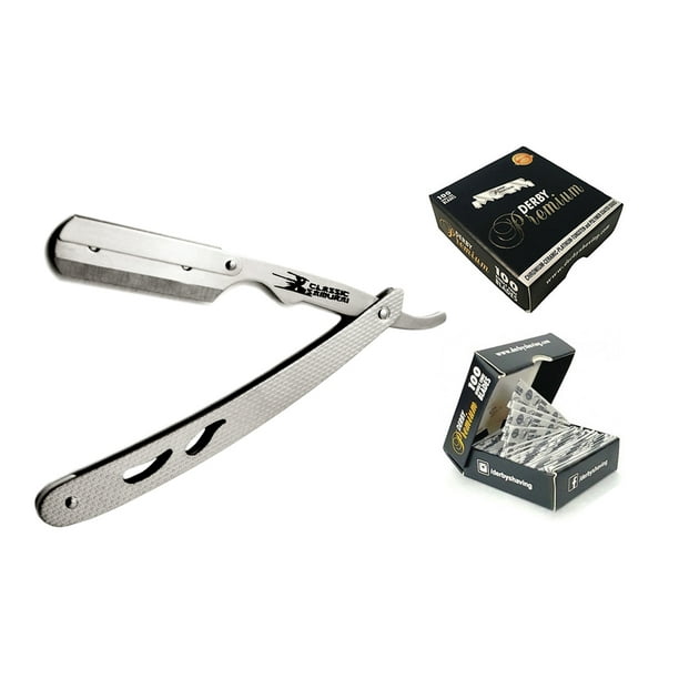 Classic Samurai Stainless Steel Folding Straight Shaving Razor, Shavette with 100 Derby Premium