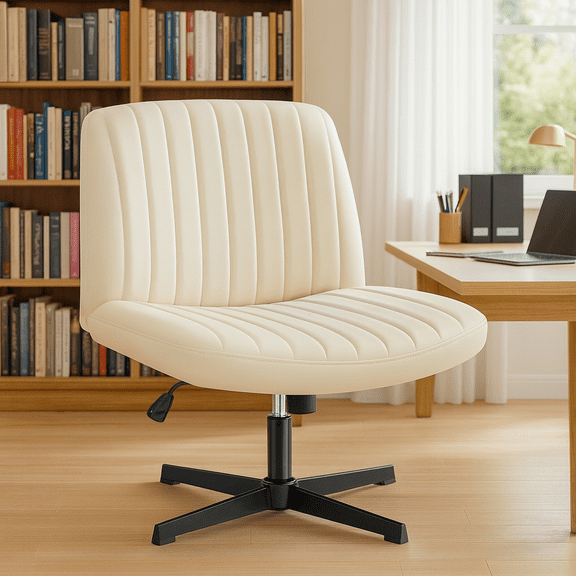 QUIOCOZY Wide Criss Cross Legged Chair, Swivel Office Desk Chair, Height Adjustable PU Leather, Comfy Computer Task Seating & Vanity Makeup Chair for Home & Office, Armless & No Wheels