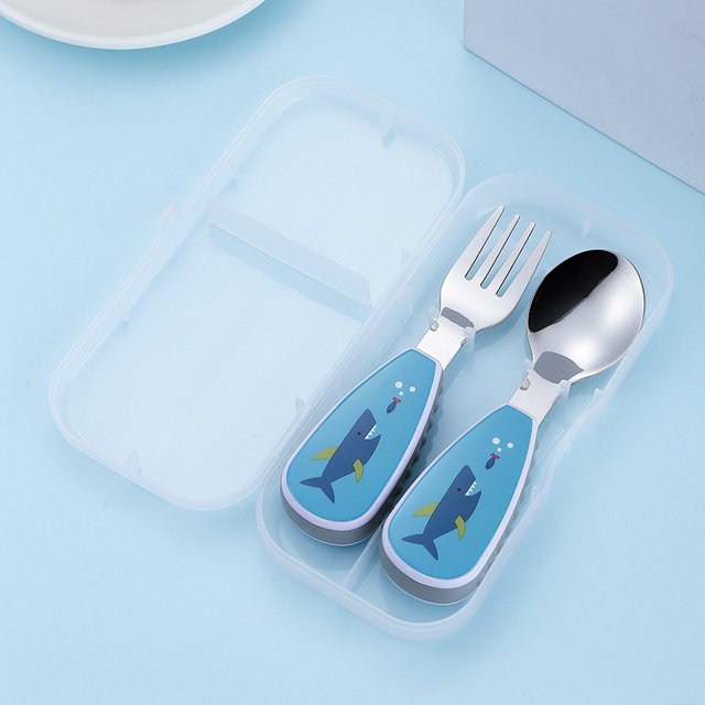 Vajilla infantil de acero inoxidable 304 con dibujos animados, cuchara para alimentación de bebés, juego de tenedor y cuchara para suplementos alimenticios para bebés, conveniente