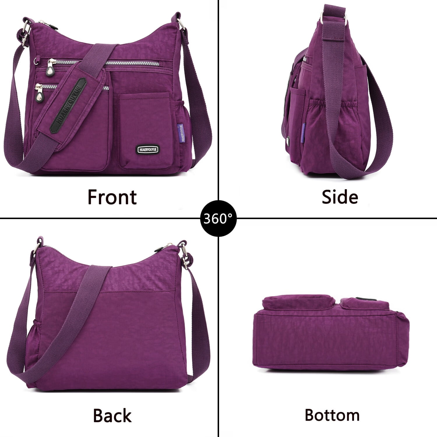 AOUNQ Crossbody Bags for Women Waterproof Hobo Purse Handbag Multi-Pocket Shoulder Bag Nylon Travel Messenger Bag,Purple
