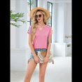 thumbnail image 4 of Blusas de Mujer con Cuello en V, Estampado Floral de Crochet, Corta, Informal, de Verano Rosa L, 4 of 10