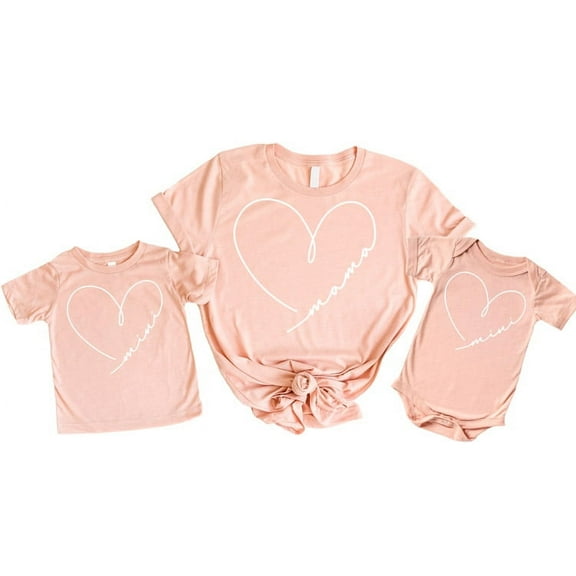 Mommy & Me Matching Mama & Mini Doodle Heart Shirts & Bodysuits for Kids & Adults Peach Shirt 5-6