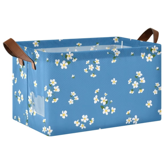 Rectangle Storage Basket with Handles White Flowers Collapsible Bin Large Bins Decorative for Clothes Toys Bedroom