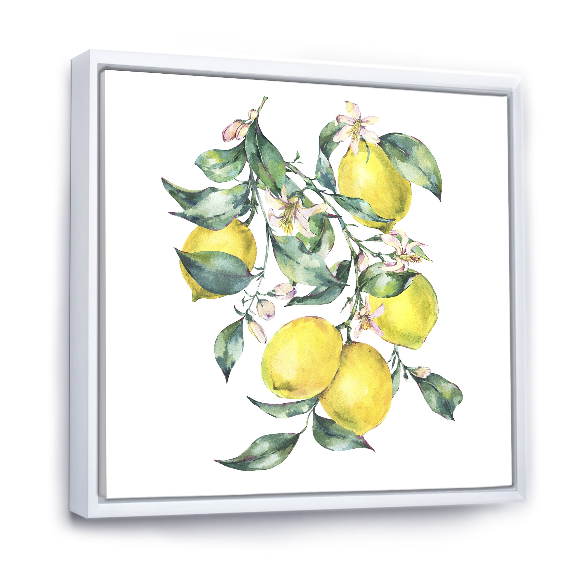 Designart 'Branch of Leaves and Yellow Lemons I' Tropical Framed Canvas Wall Art Print
