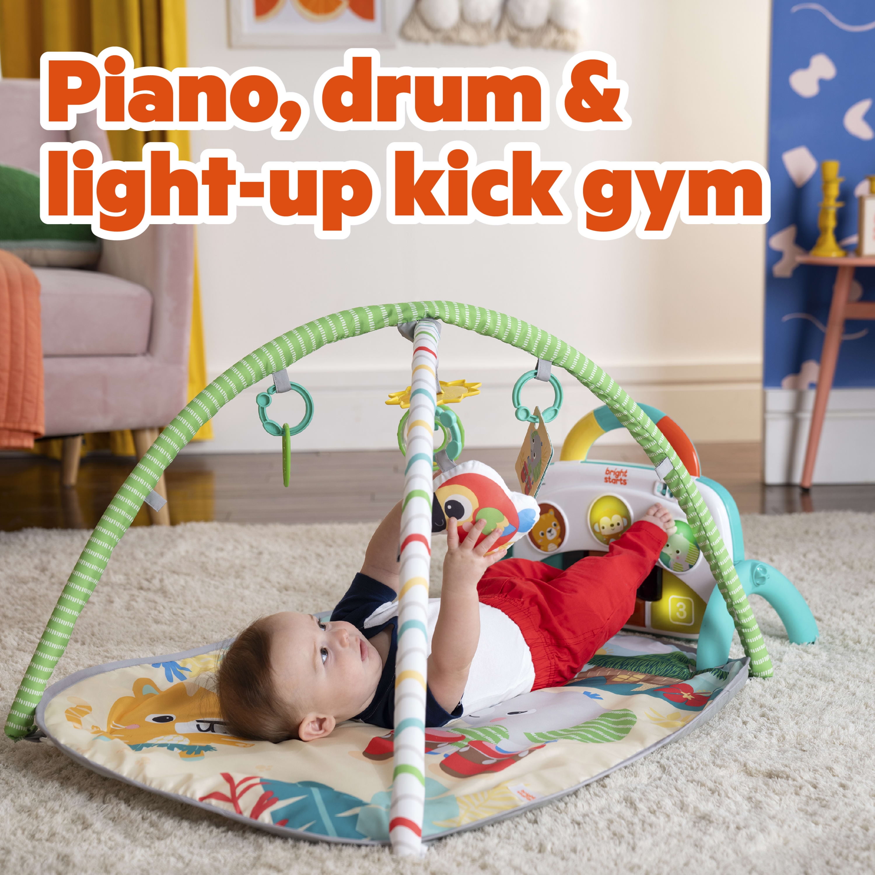 Bright Starts 4-in-1 Groovin' Kicks Piano & Drum Kick Activity Gym,  Tropical Safari