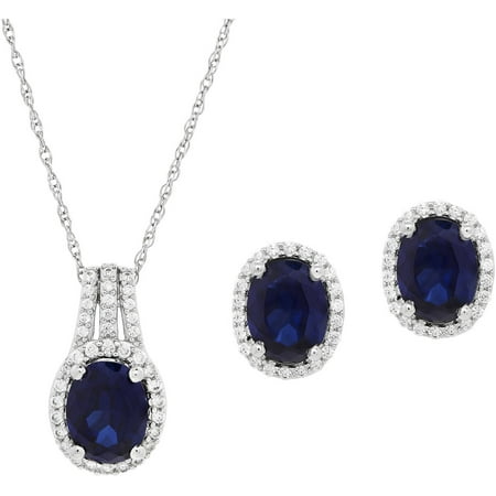 Oval-Cut Created Blue Sapphire & CZ Accent Sterling Silver Pendant and Earrings Set, 18 Chain