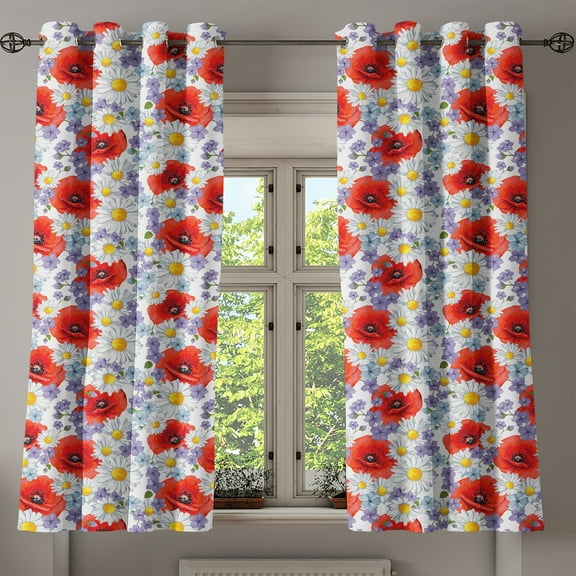 Ambesonne Colorful Grommet Curtain, Poppy and Daisy Flower, 50" x 54", Lavender Scarlet