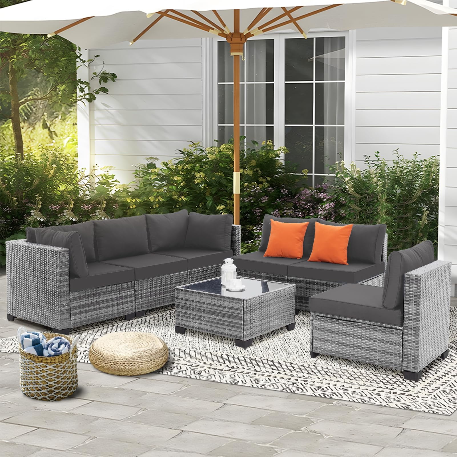 FHFO 7 Pieces Outdoor Patio Furniture Set, Wicker Sectional Sofa Set Rattan Modular Patio Conversation Sets with Cushions Couch Set & Coffee Table for Outside, Garden, Balcony, Porch, Grey/Gray