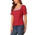 thumbnail image 4 of INSPIRE CHIC Women's Floral Print Lace Contrast Collar Puff Short Sleeve Blouse XS Red, 4 of 6