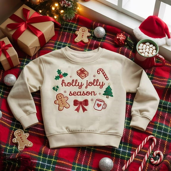 Holly Jolly Season Embroidered Kids Sweatshirt, Gingerbread Candy Cane Shirt, Toddler Baby Crewneck, Family Matching Gift, Christmas Gift