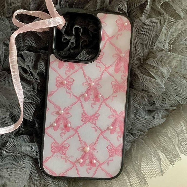 Pink Bow Ribbon Phone Case for iPhone 15 Pro Max with Pearl Beade