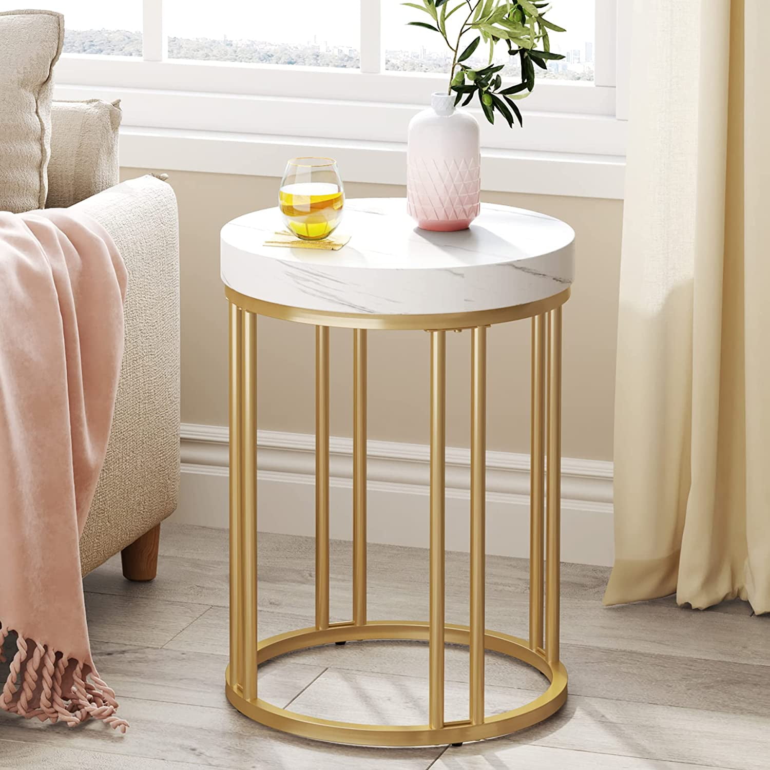 Gold Round Side Table, Tribesigns Small Narrow Side Table with Metal ...