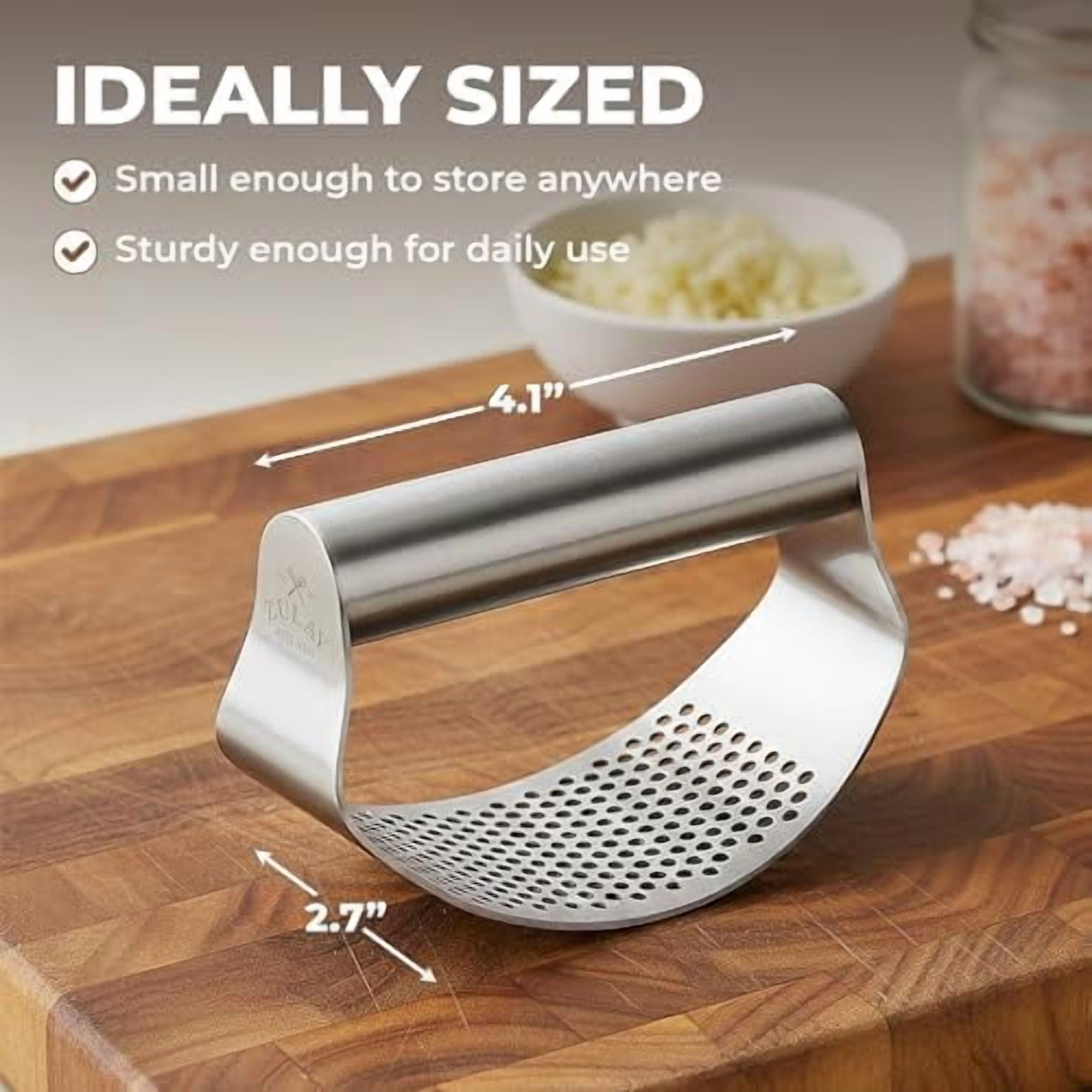 Stainless Steel Garlic Press Rocker Set - Time Saving, Durable Strong Garlic Mincer Tool - Easy to Use & Clean Garlic Crusher Set with Peeler and Scraper Kitchen Gadget Smasher