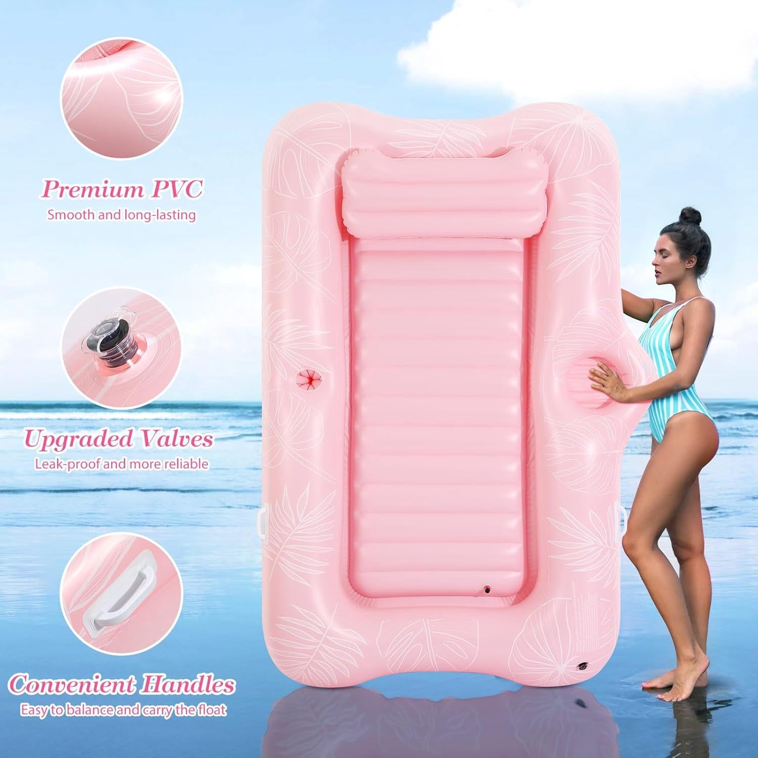 Pool Floats Adult, Large Floating Bed with Ice Bar, Tanning Bed Pool Raft Inflatable Lounger with Drink Holder Tanning Chair Inflatable Pool Toys for Party Beach Backyard