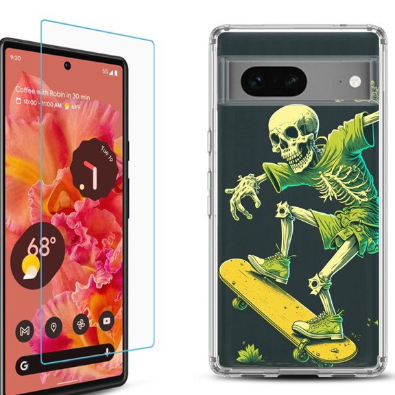 OneToughShield ® for Google Pixel 7a Shockproof Bumper Phone Case, with Tempered Glass Screen Protector - Skeleton Skater