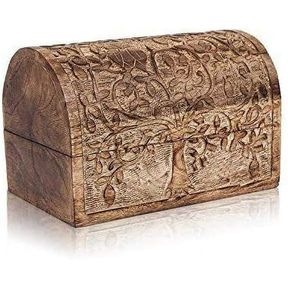 Birthday Gift Ideas Handmade Decorative Wooden Jewelry Box With Tree Of Life Carvings Jewelry Organizer Keepsake Box Treasure Chest Trinket Holder Lock Box Watch Box Gifts For Her (Natural Finish)