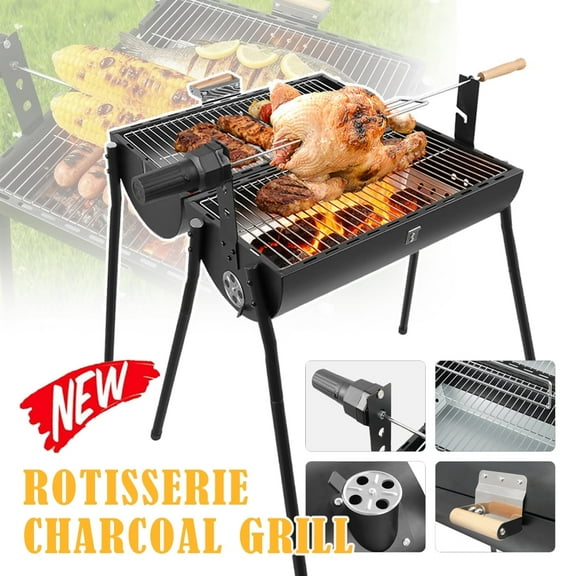 Linsen-outdoors Portable Rotisserie Charcoal Grill with Thermometer Double-sided Smoker Grill for Outdoor Patio Backyard Camping and Parties Black