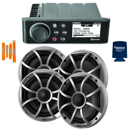Fusion MS-RA70 Marine AM/FM/BT Stereo with 2 Pairs Wet Sounds RECON 6-S High Output 6.5 Marine Coaxial Speakers Silver Grill