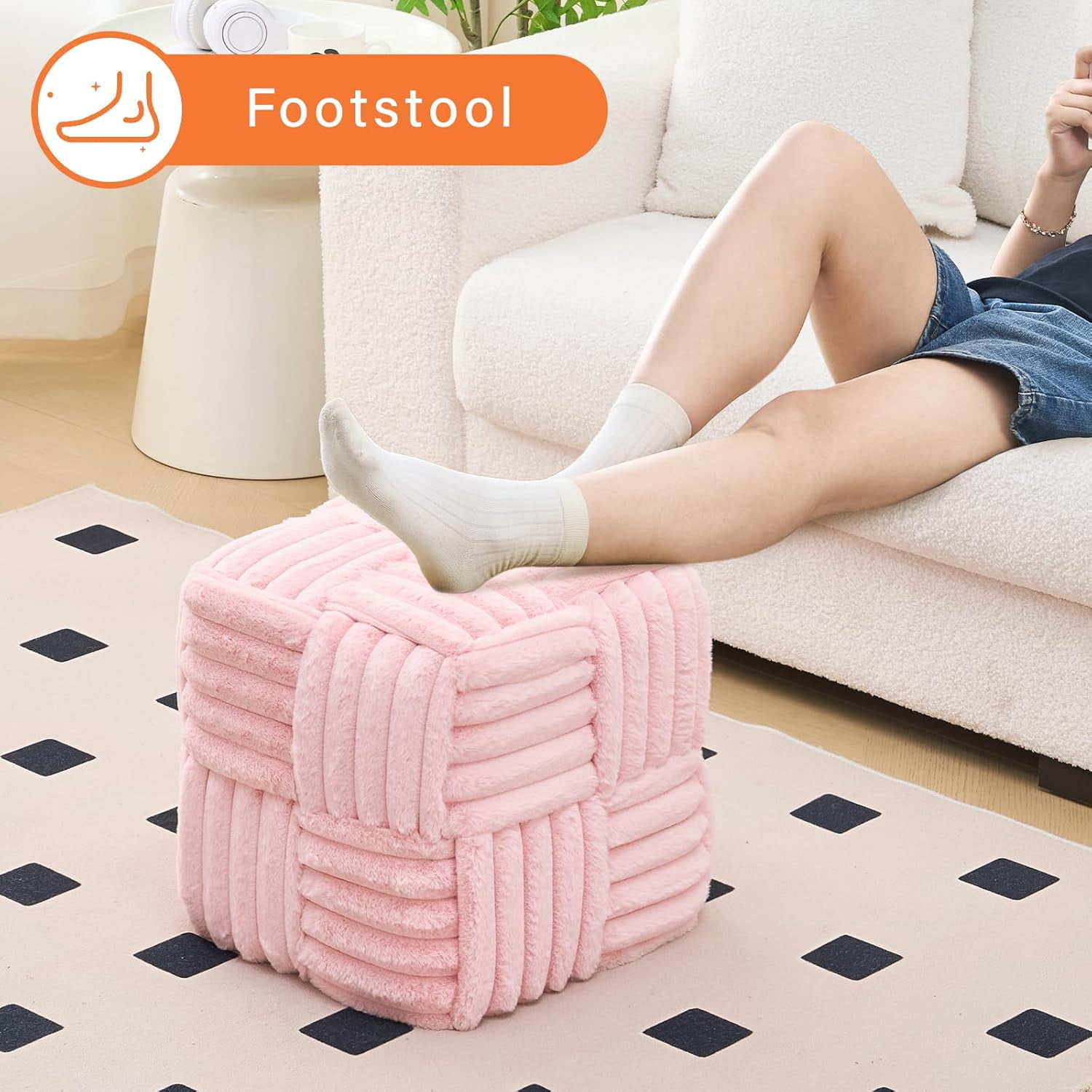 Casa Pura Furniture Faux Fur Vanity Ottoman Footrest, 15" Square Soft Padded Stool, No Assembly Required, for Bedroom, Living Room and Entryway