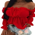 thumbnail image 1 of Women‘s Off Shoulder Ruffle Trim Puff Long Sleeve Tube Crop Blouse Shirt Top, 1 of 2
