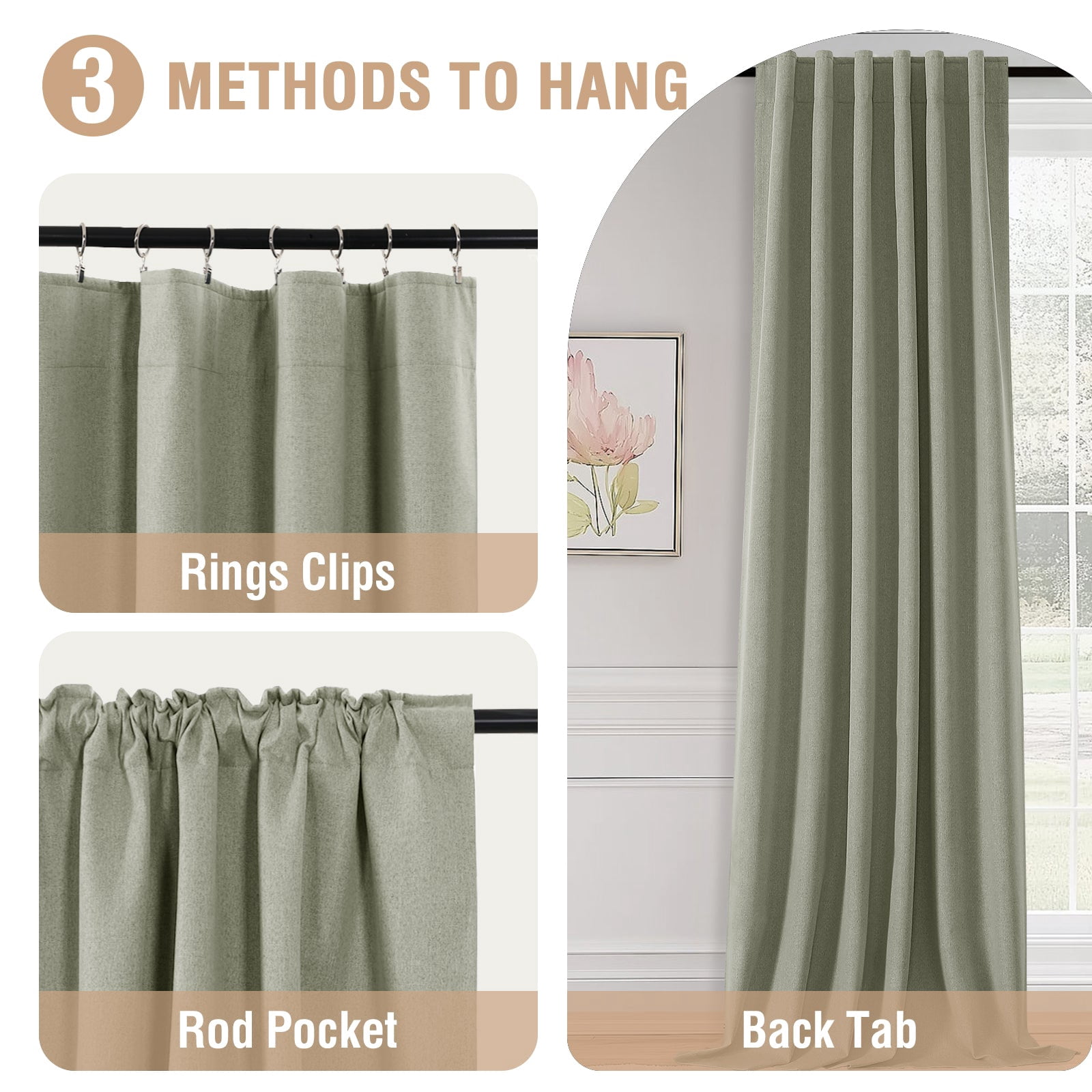PrimeBeau 100% Blackout Curtains 63 Inch Length 2 Panels Set for Bedroom Windows/Living Room Thermal Insulated linen-like fabric Blend Curtain Rod Pocket/Back Tab Sage