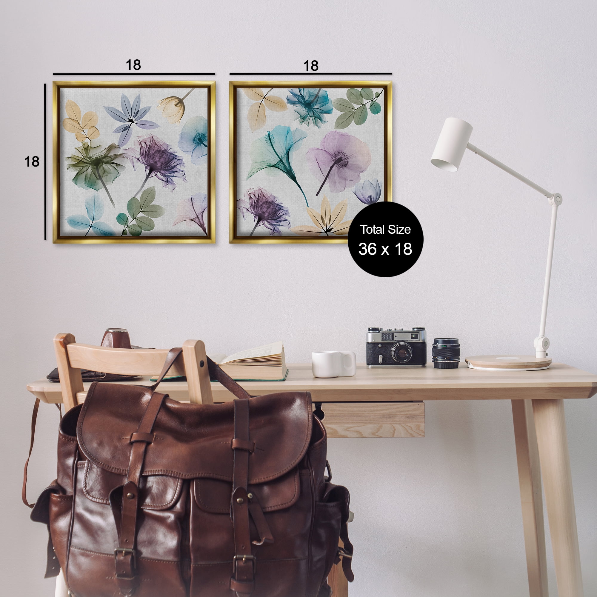 Stupell Industries X-Ray Floral Collage Plants & Flowers Painting Gold Floater Framed Canvas Art Print Wall Art, 18 x 18, Set of 2