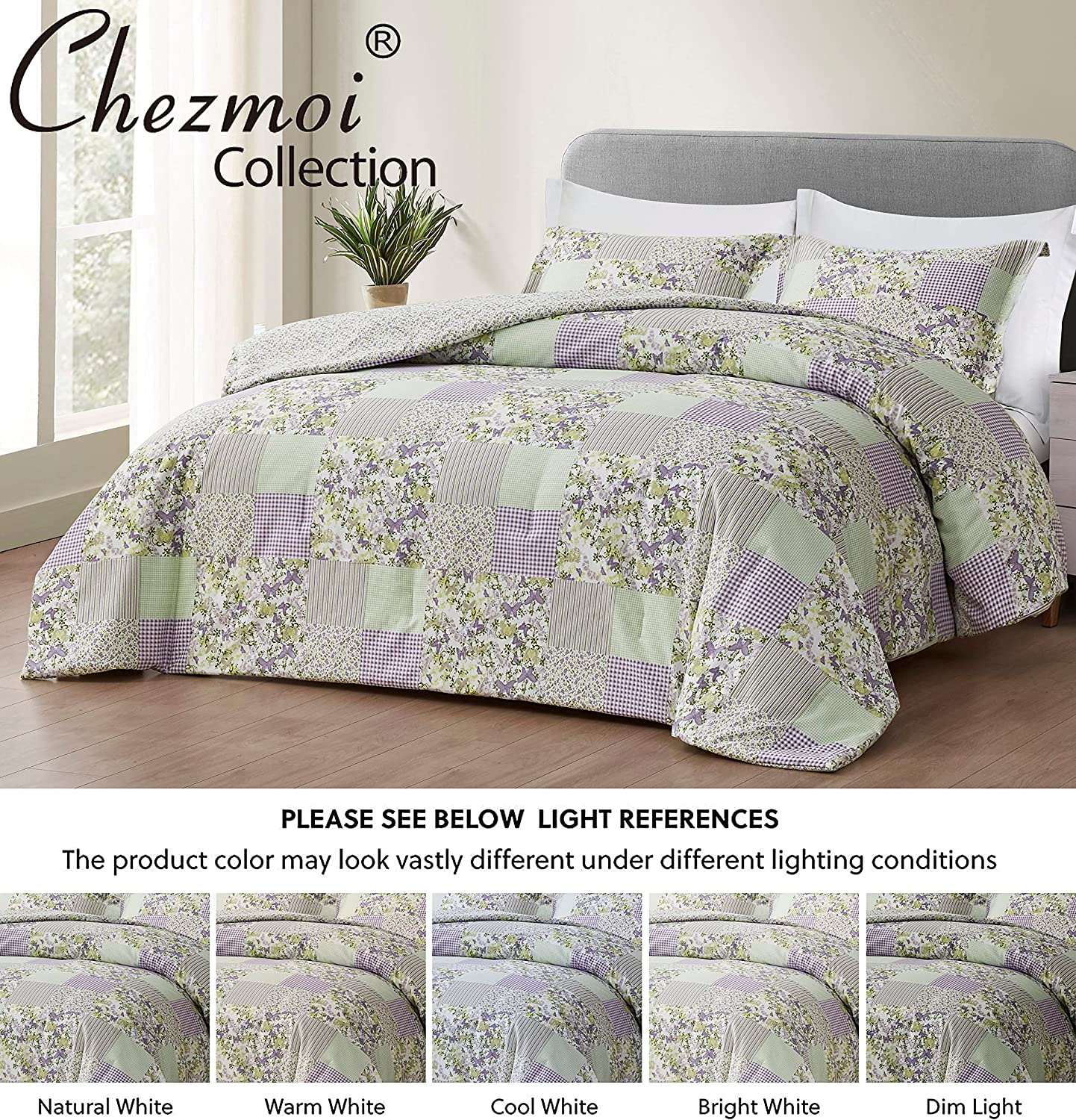 Chezmoi Collection Daisy 3-Piece Printed Patchwork Comforter Set, Purple Butterfly Botanical Candy Stripe Checkered Lightweight Reversible Microfiber Bedding, Twin Size
