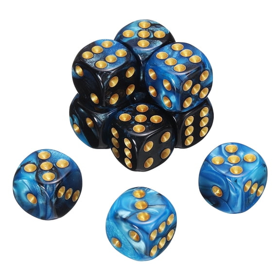 10 Pack 6 Sided Standard Dice, 2 Colors Acrylic D6 Mini Polyhedral Pearl Pattern Game Dice Set for Table Games or Math Learning, Blue and Black/Gold Point