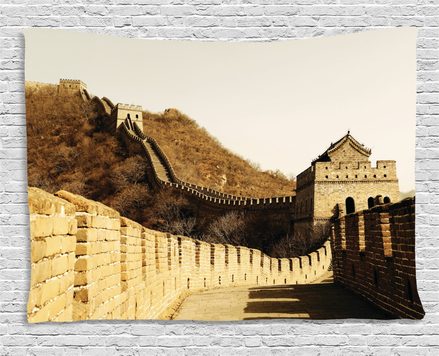 Great Wall of China Tapestry, Ancient Stone Borders on Mountains Famous Historical Monument 
