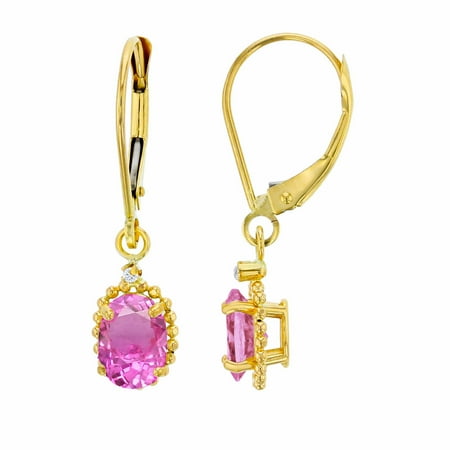 14K Yellow Gold 1.25mm Round White Topaz & 6x4mm Oval Pure Pink Bead Frame Drop Leverback Earring