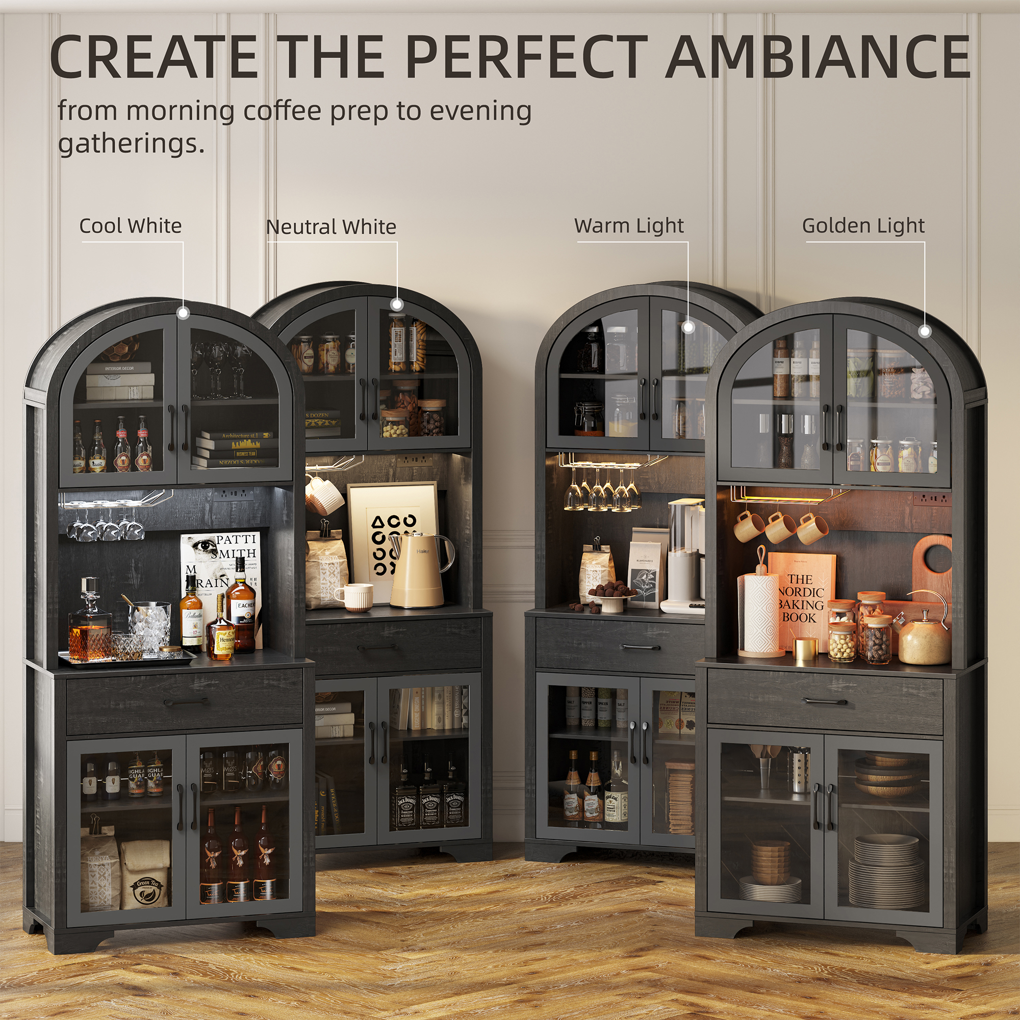 75" Tall Pantry Hutch with Charging Station and Microwave Stand, Kitchen Cabinets Hutch Cupboard for Kitchen, Dining Room, Black