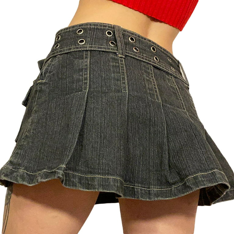 Women's Denim Mini Skirt Y2k Girls A-Line Pleated Ruffle Jean Short Skirt  High Waist A-line Skirt 