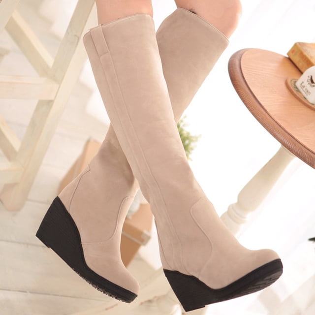 LSLJS Women Slip-on Thick Wedge Heels High Heels Solid Color Winter Warm Knee High Round Toe Thick Fleece Snow, High Heels Shoes