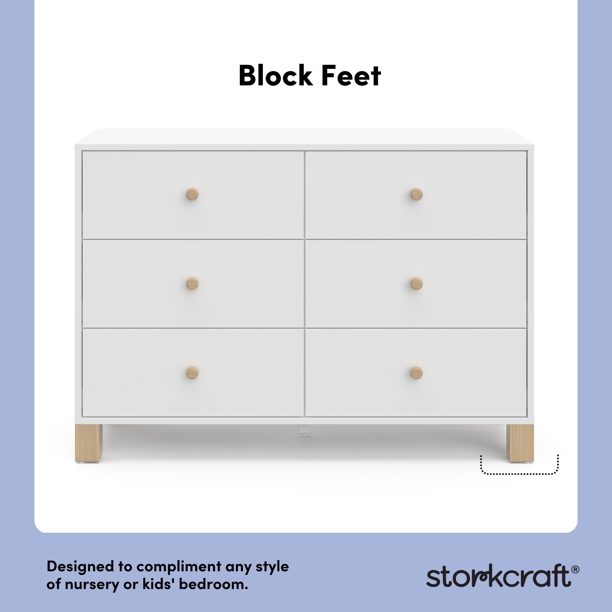 Storkcraft California 6 Drawer Nursery Wood Double Dresser, White with Driftwood