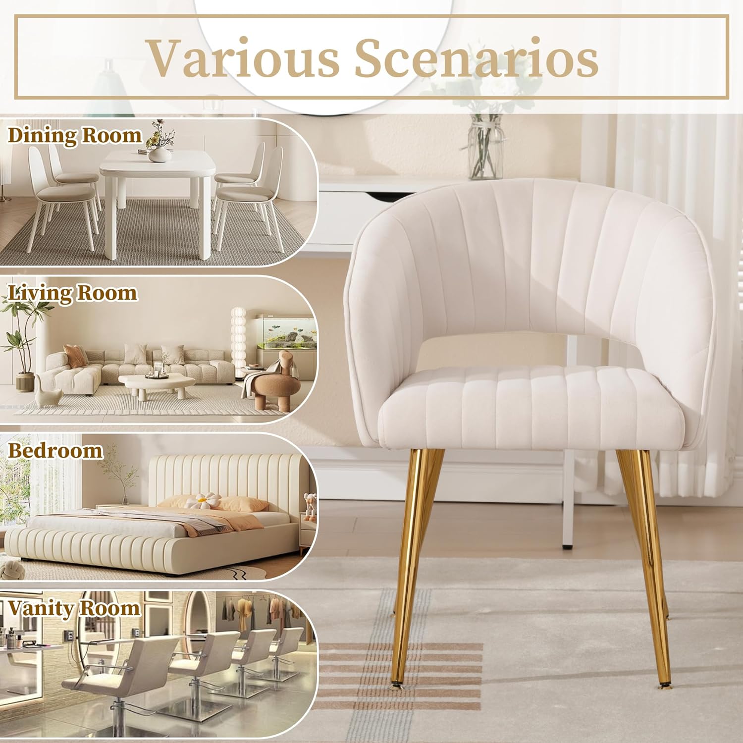 Westice Velvet Home Office Desk Chair, Modern Tufted Vanity Chairs with Gold Metal Legs, Upholstered Accent Armchair for Living Room Restaurant, White