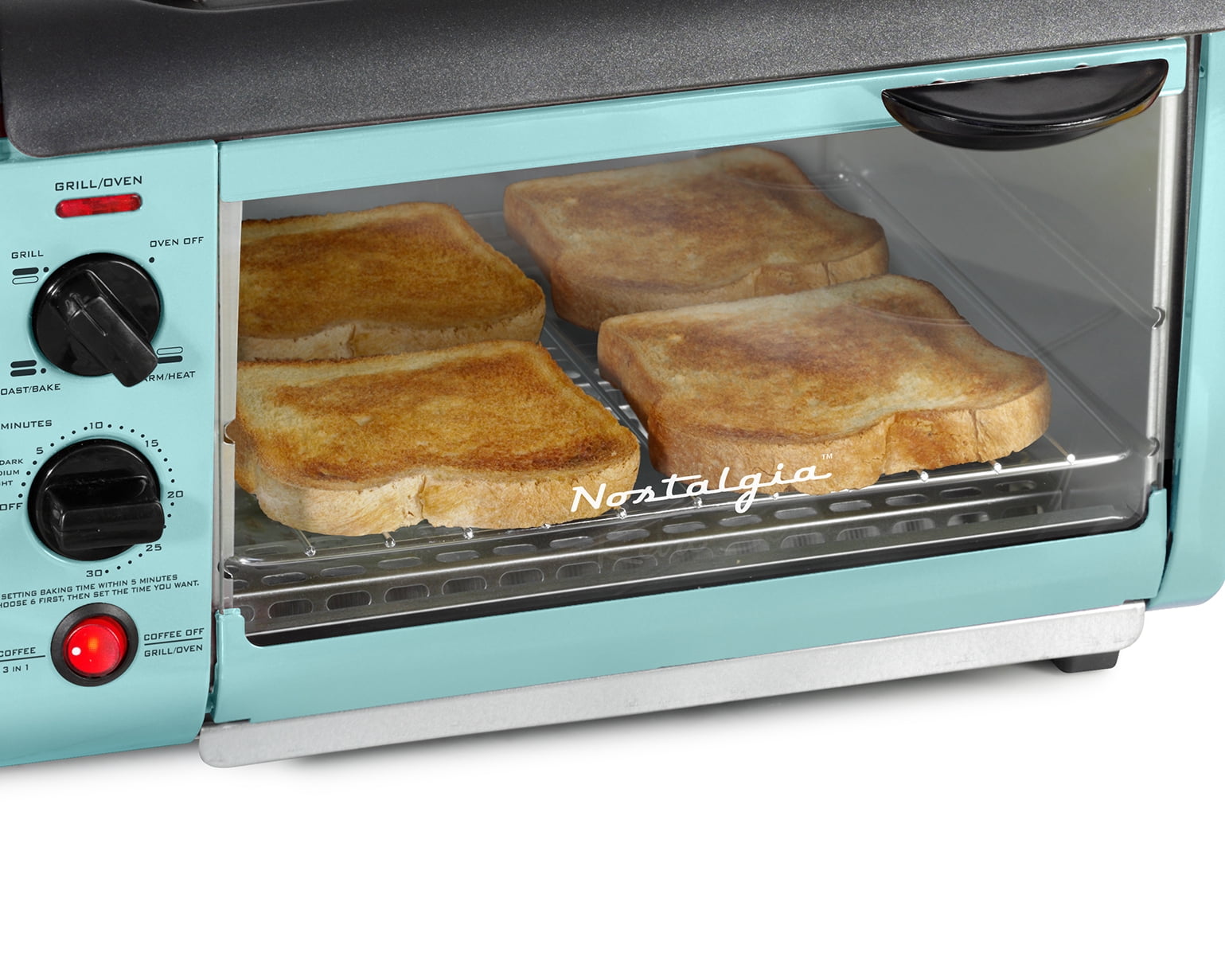 Toaster Oven 4 Cup Coffee Maker Griddle Combo Space Saving Retro Design Aqua