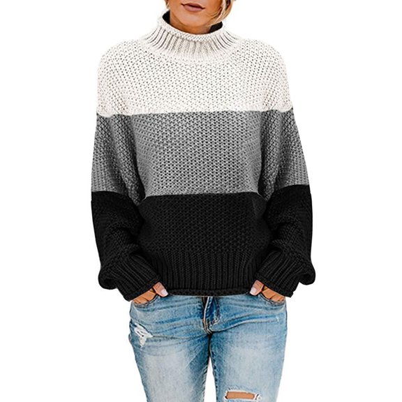 Baqcunre Women's Sweaters Autumn Winter Women Knit Color Matching Round Neck Loose Casual Sweater Tops Long Sleeve Sweater For Women Hoodies For Women Fall Outfits Women Trendy A L