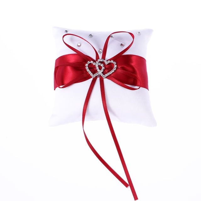 SHISUYAN 10x10cm Double Heart Bridal Wedding Ceremony Pocket Pillow Cushion with Satin Ribbons (Red)
