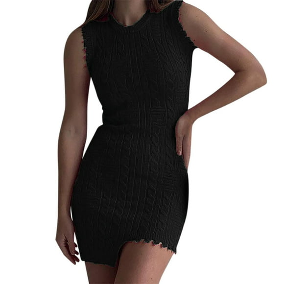 TSADFHJI Womens Skirts Mid Length Winter Women's Nightclub Dress with Tassels Knitted Tight Fitting Irregular Sleeveless Round Neck Wrapped Short Skirt S Black