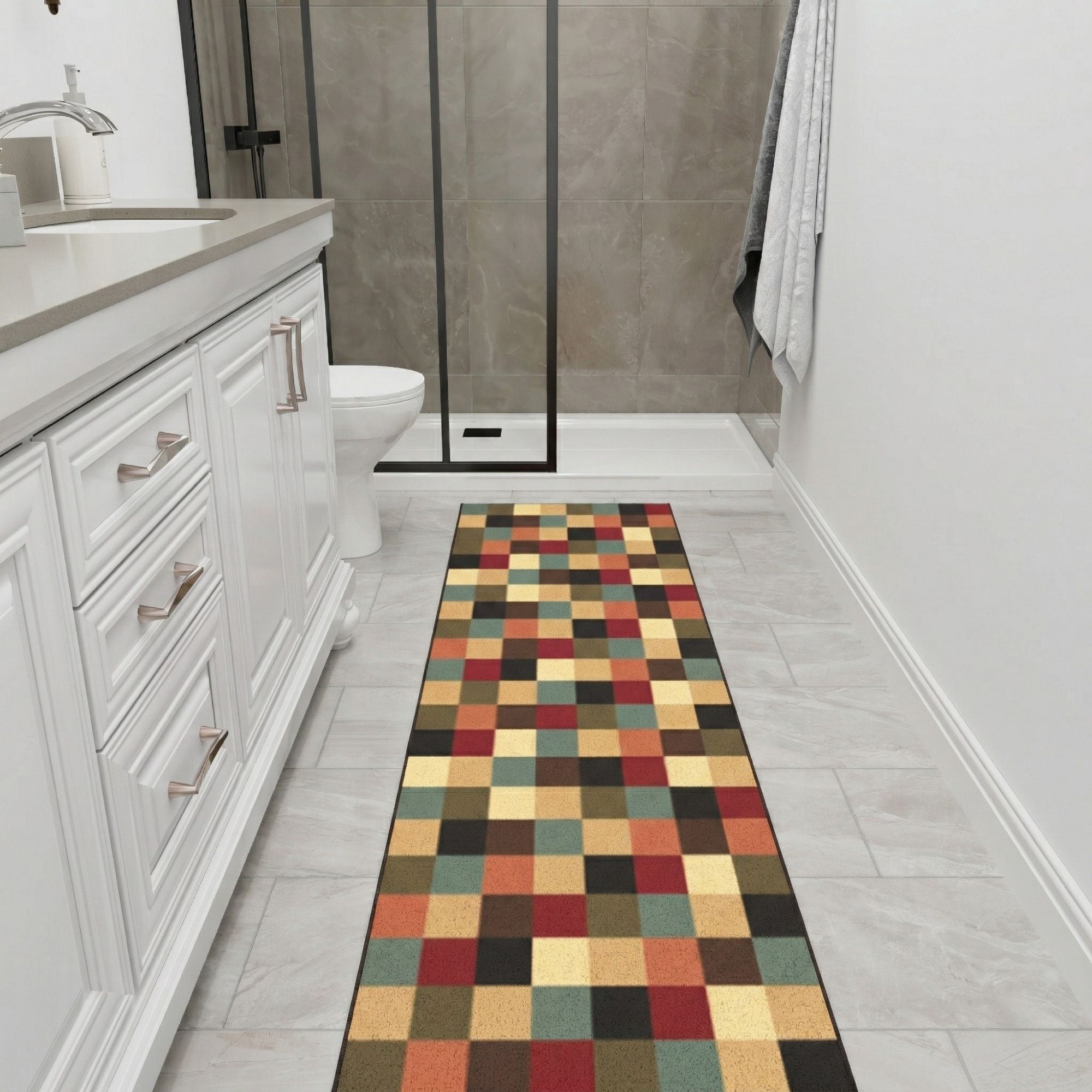 Ottomanson Extra Long Runner Rug 1'10.5" x 27' – Non-Slip Low Pile Hallway Carpet, Checkered Multicolor