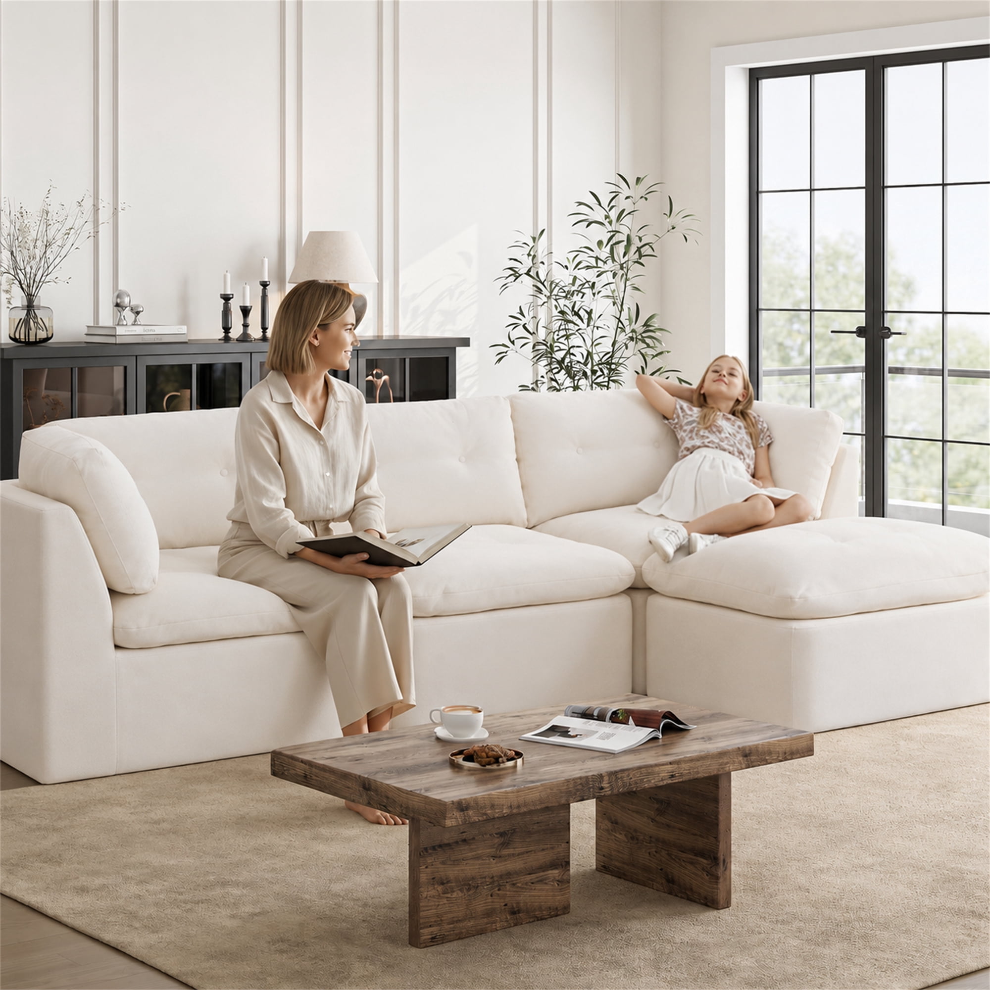 Aukfa 112" Cloud Sectional Sofa Oversized Modular Boneless Couch Reversible L-Shaped Couch for Living Room, Chenille, Beige