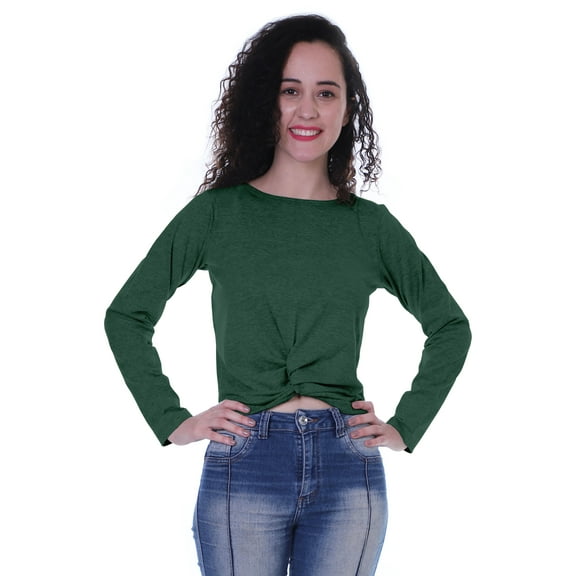 Moomaya Womens Full Sleeves Front Knot Crop Top Summer Tshirt Plain Tee Tops