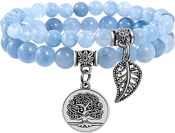 Bivei Natural Semi Precious Gemstone Beads Bracelet for Women - Tree of Life and Leaf Charm Energy Healing Reiki Crystal Stretch Bracelets