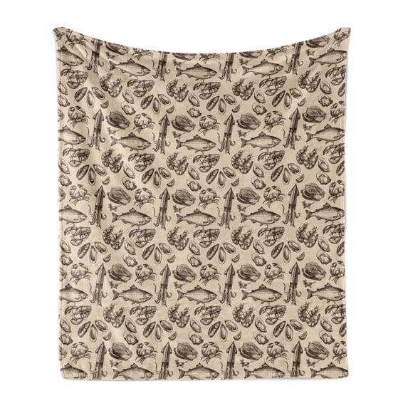 Vintage Soft Flannel Fleece Throw Blanket, Hand Drawn Sketch Pattern with Many Sea Animals Crab Oyster Fish Octopus, Cozy Plush for Indoor and Outdoor Use, 60" x 80", Tan and Seal Brown, by Ambesonne