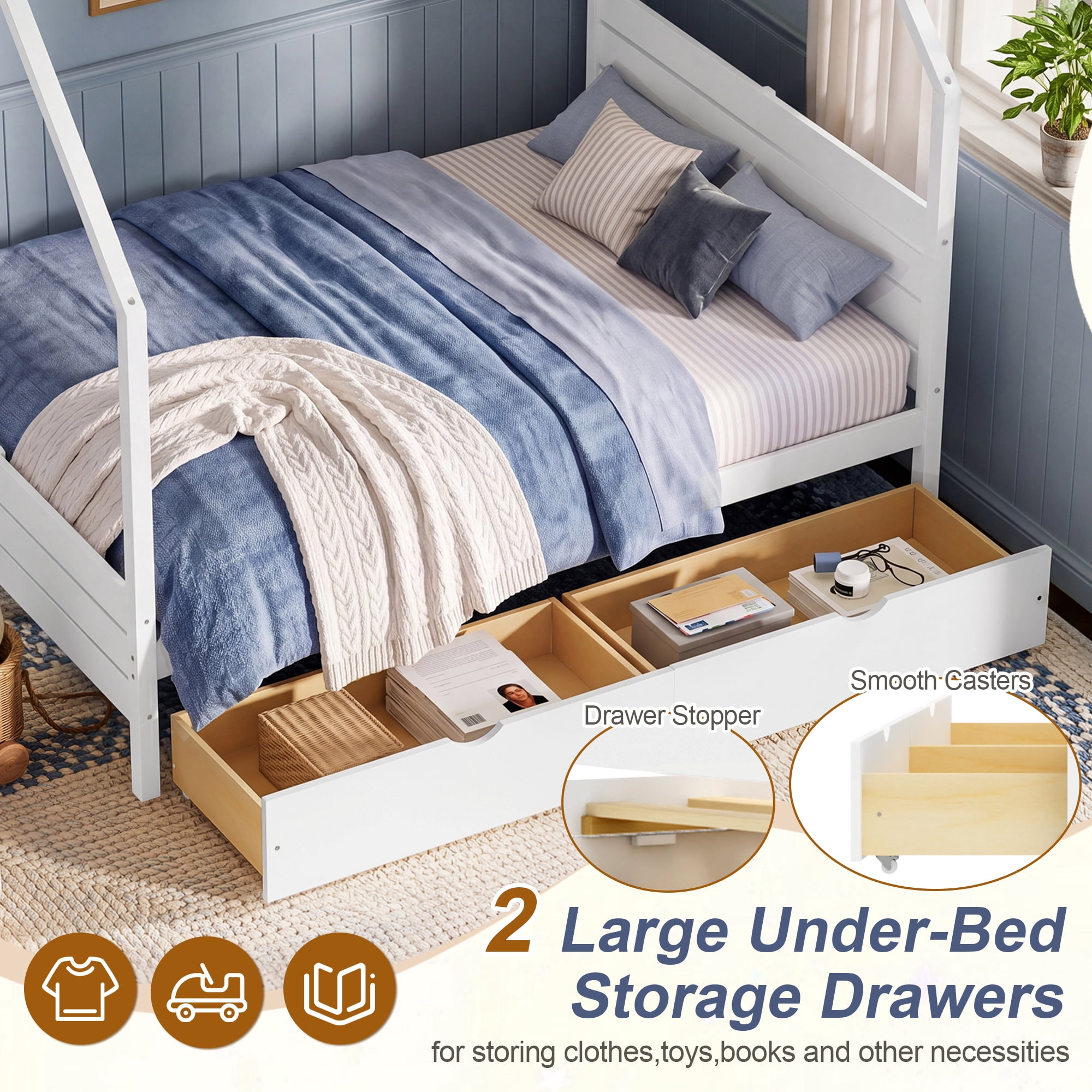 Mintazer Full Kids House Canopy Platform Bed with 2 Storage Drawers, Montessori Bed with Headboard for Bedroom, White