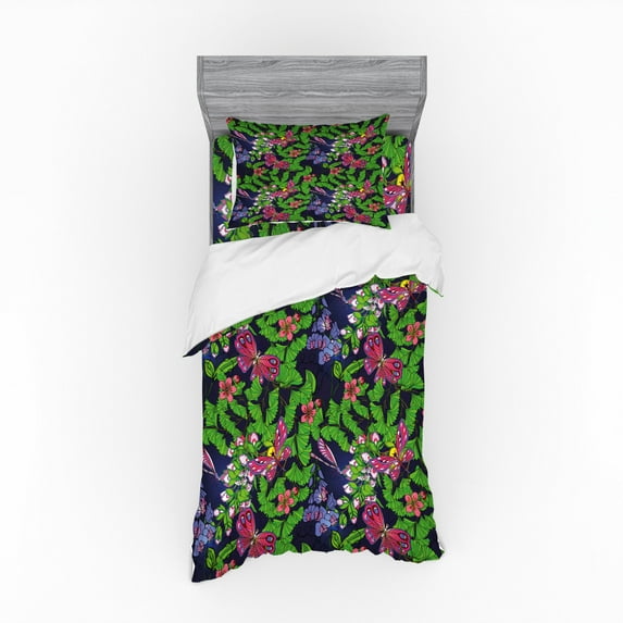 Ambesonne Flower Bedding Set 3 Pcs, Tropical Vivid Petal, Twin XL, Navy Blue Fern Green