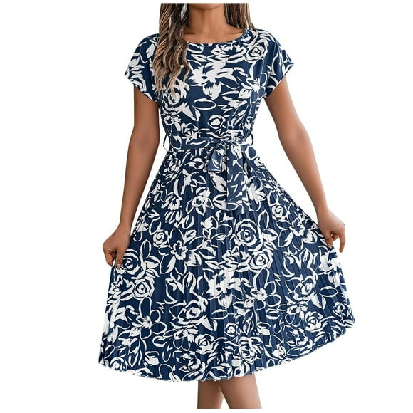 Lolmot Dresses for Women, Womens Summer Elegant Printed Short Sleeve Waistband Large Hem Pleated Dress
