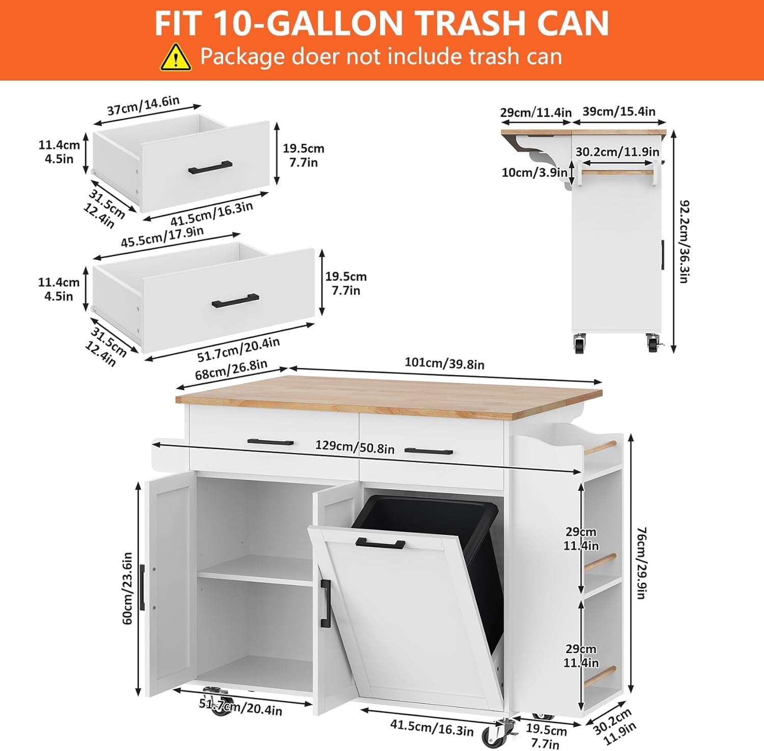 Frmobepts Rolling Kitchen Island with Drop Leaf, Tilt Out Kitchen Trash Cabinet 10 Gallon Storage, Kitchen Cart Island with Rubber wood Top, Spice Rack and Drawers,White